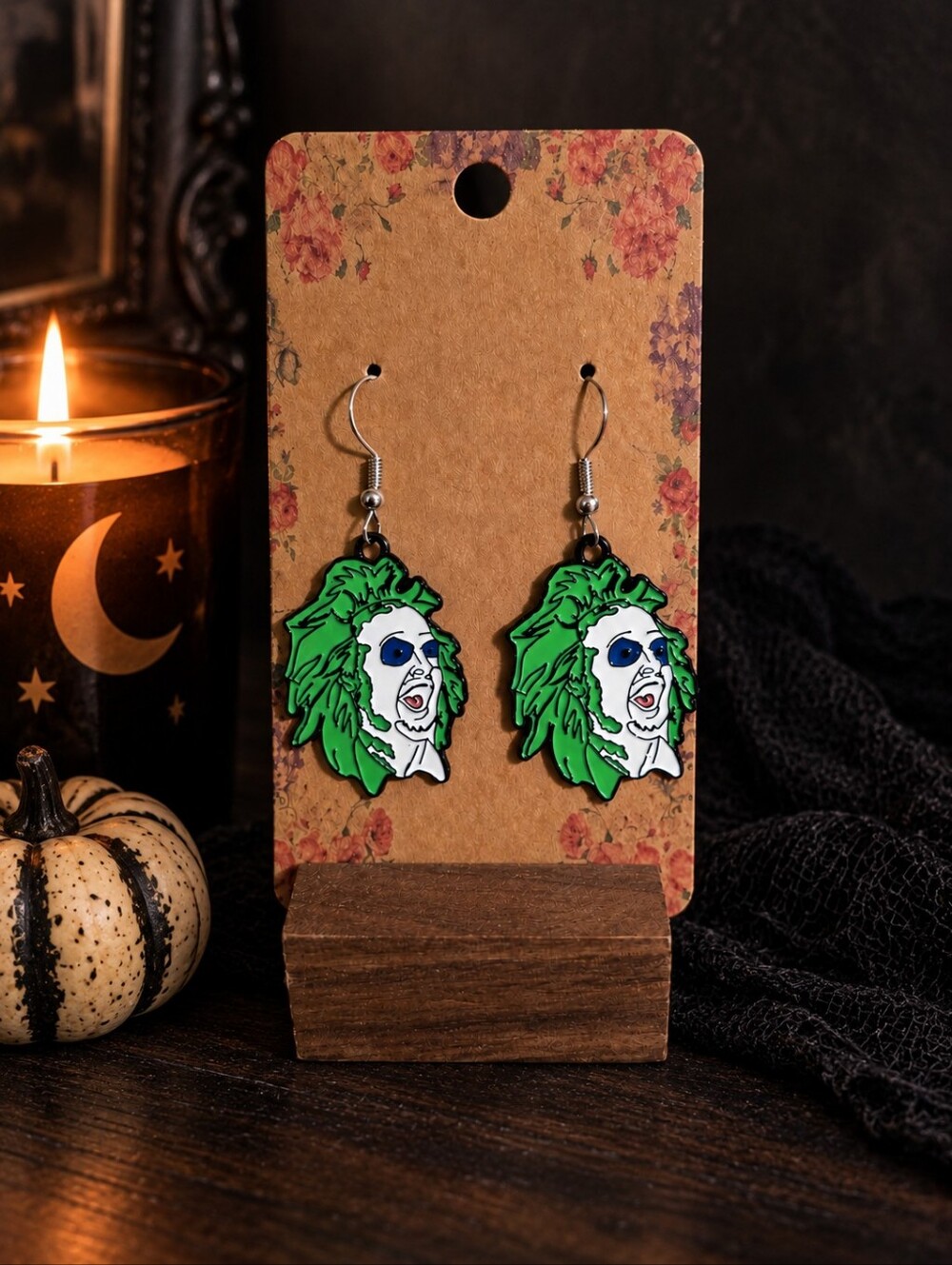 Beetlejuice Green Hair Face Dangle Earrings Halloween Horror Spooky Goth Jewelry
